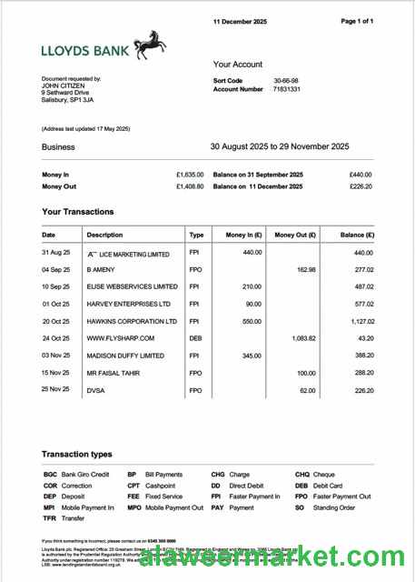 UK Lloyds Bank account statement Word and PDF template